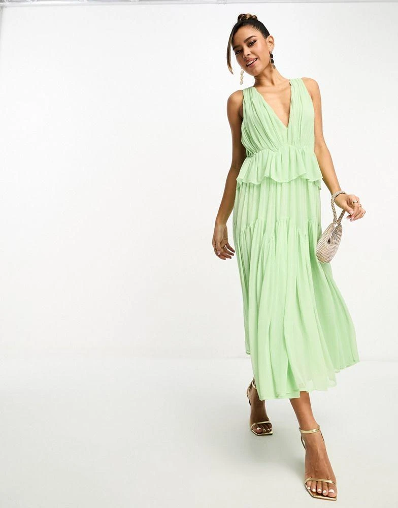 ASOS DESIGN ASOS DESIGN plunge pleated tiered midi dress in sage green 1