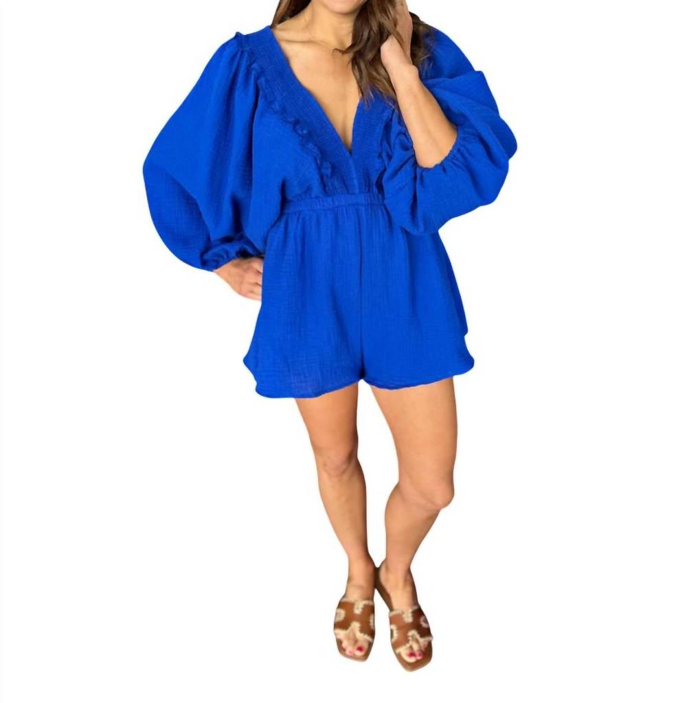 BUCKETLIST Bucketlist - Smocked V Neck Ruffled Solid Woven Romper