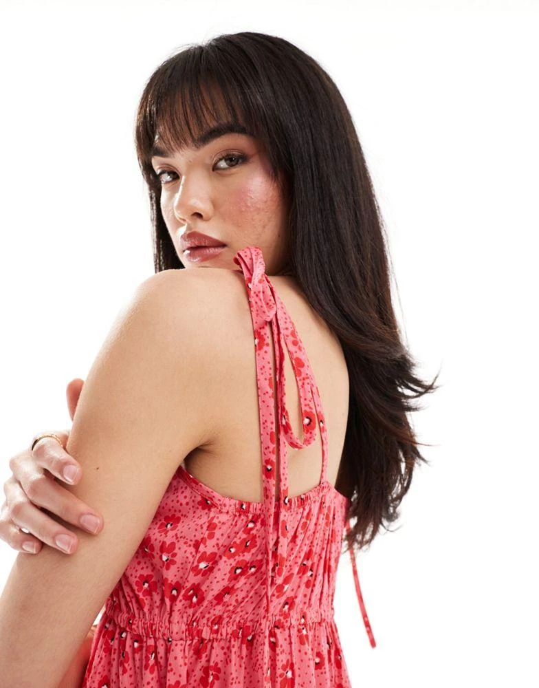 Wednesday's Girl Wednesday's Girl tie detail floral smock dress in pink and red 4