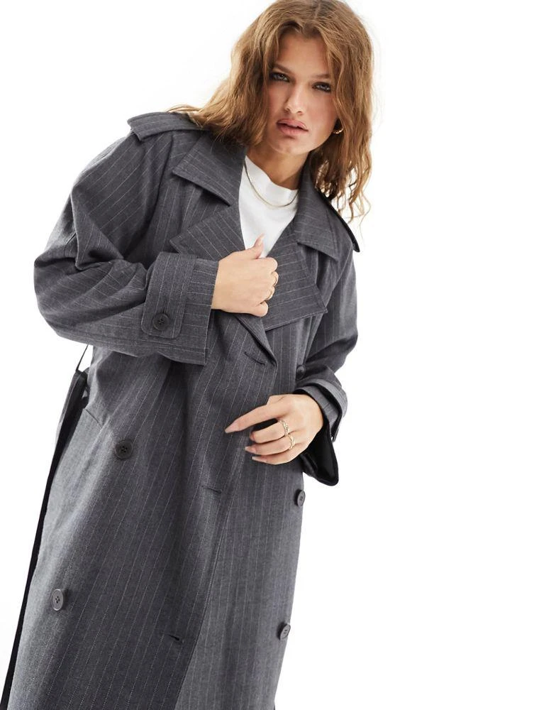 ASOS ASOS DESIGN Petite oversized pinstripe trench coat in grey 2