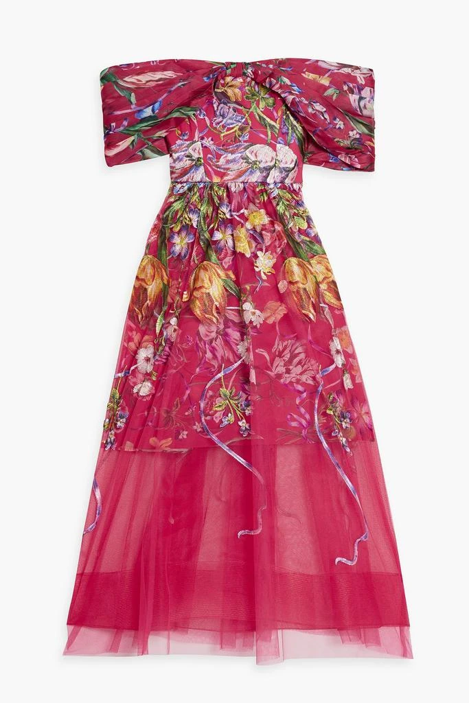 MARCHESA Off-the-shoulder embroidered charmeuse and tulle midi dress 1