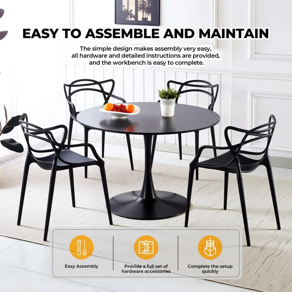 Streamdale Furniture Streamdale 42.1" Black Tulip Dining Table (Seats 4-6) - Round MDF Top, Pedestal Base 5