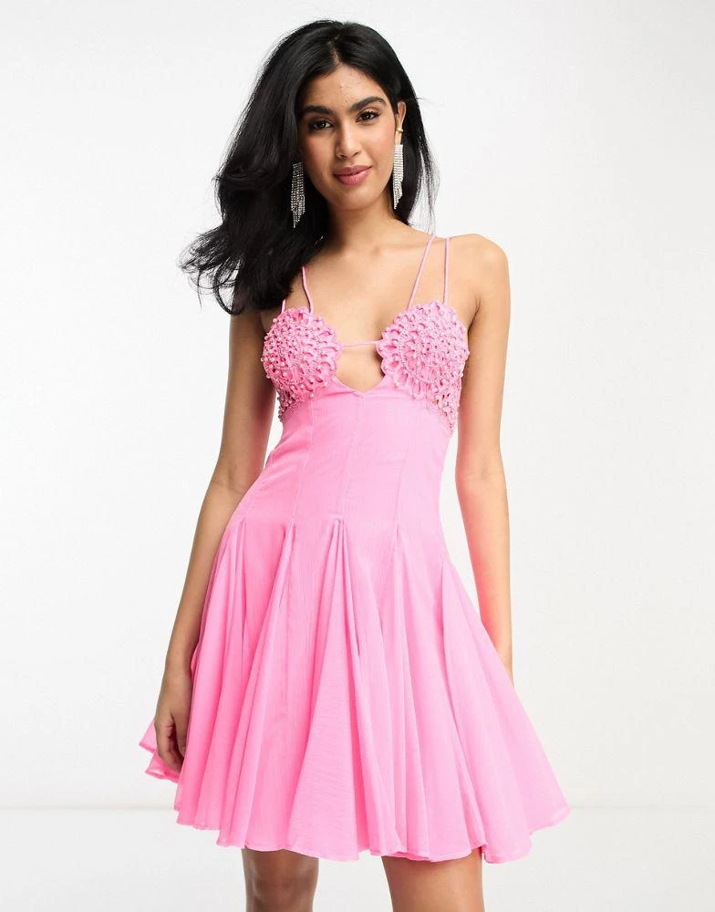 ASOS ASOS DESIGN embellished crochet cut out mini skater dress with godet in bright pink 1
