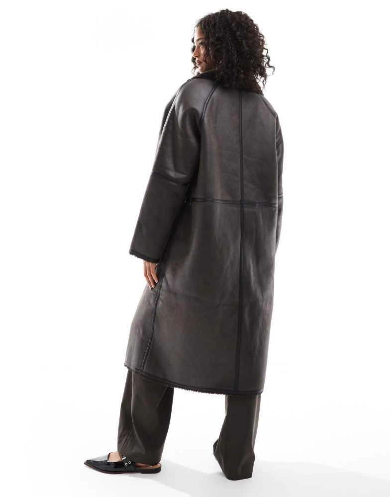 ASOS ASOS DESIGN longline shearling jacket with contrast binding in brown 3