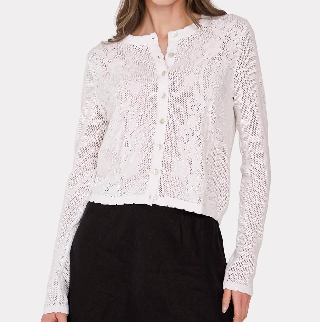 Autumn Cashmere Mesh Cardigan With Floral Motif In White