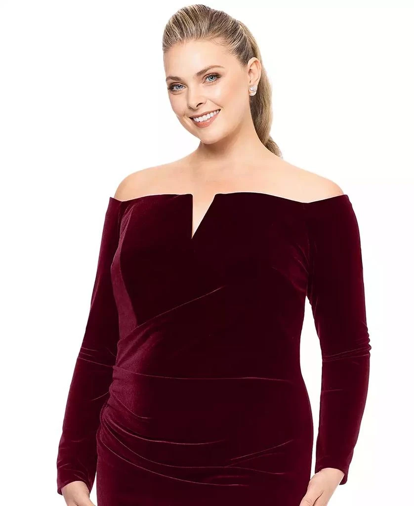 XSCAPE Plus Size Velvet Notch-Neck Off-The-Shoulder Gown 4
