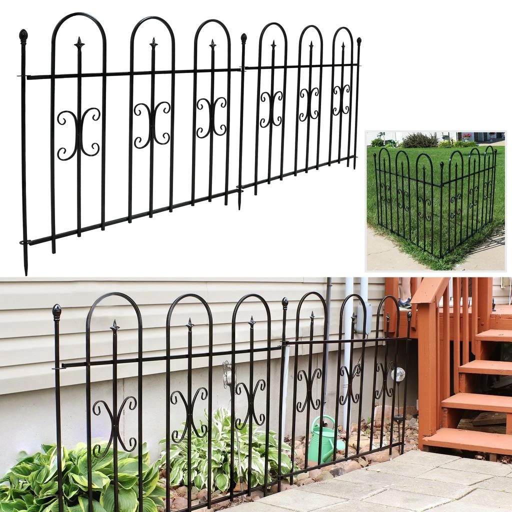 Fence Panel Set Outdoor Lawn and Garden Metal Finial Topped Decorative Border Fence ...