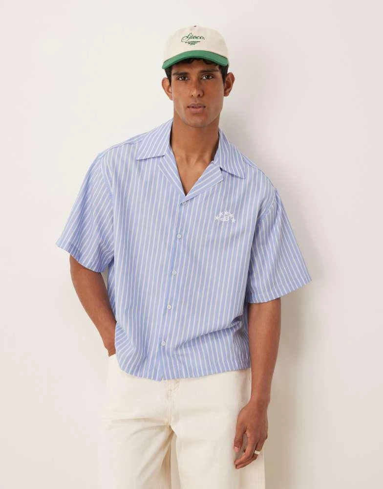 ASOS ASOS DESIGN boxy oversized revere shirt with embroidery in blue and white stripe 1
