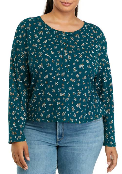 TRUE CRAFT Craft Plus Size Long Sleeve Cropped Easy Henley Shirt