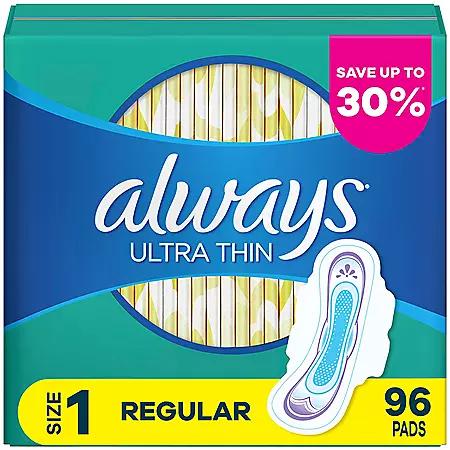 Always Always Ultra Thin Regular Pads with Flexi-Wings, Unscented - Size 1, 96 ct.