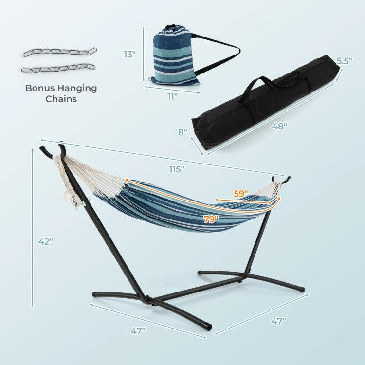 Hivvago Portable Indoor Outdoor 2-Person Double Hammock Set with Stand and Carrying Cases-Blue 4