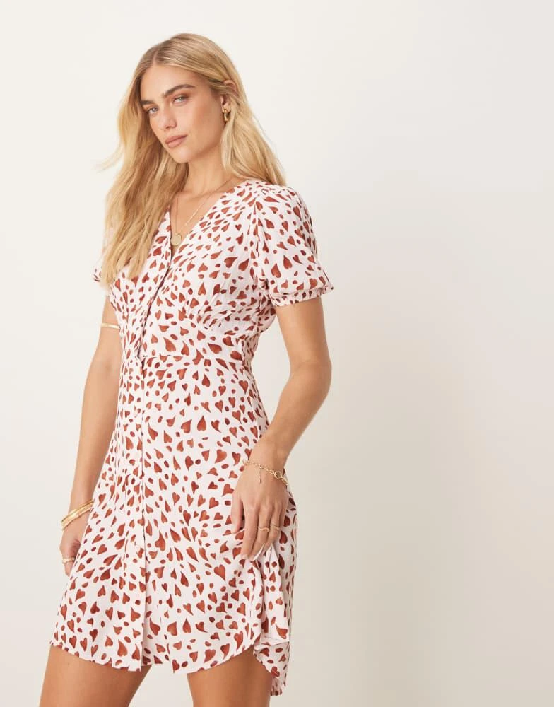 & Other Stories & Other Stories button through mini dress in red and pink hearts print 2
