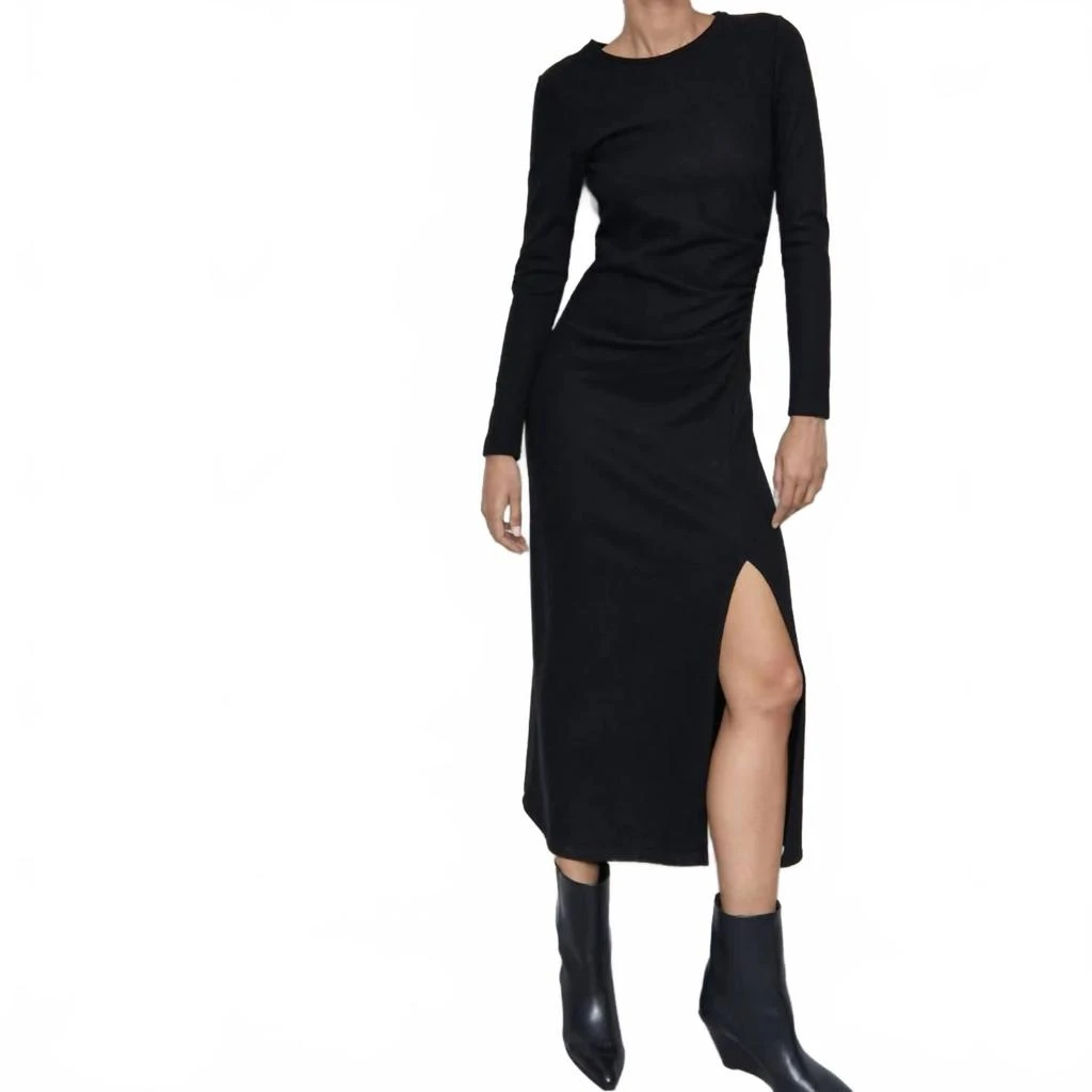 knee length dresses for ladies Black One-Shoulder Draped Midi Dress L main image 0