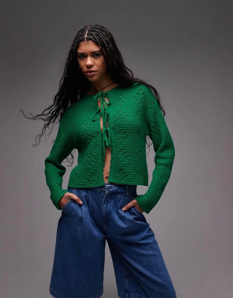 Topshop Topshop knitted pointelle tie cardi in green 1