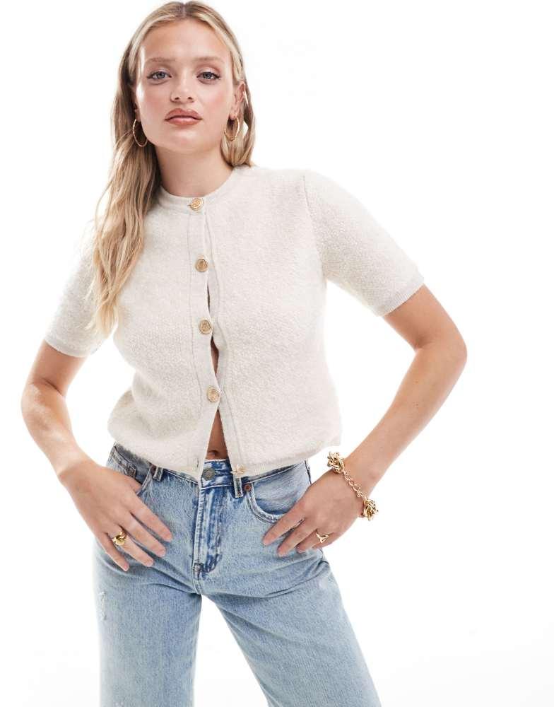 New Look New Look boucle short sleeve button down cardigan in cream