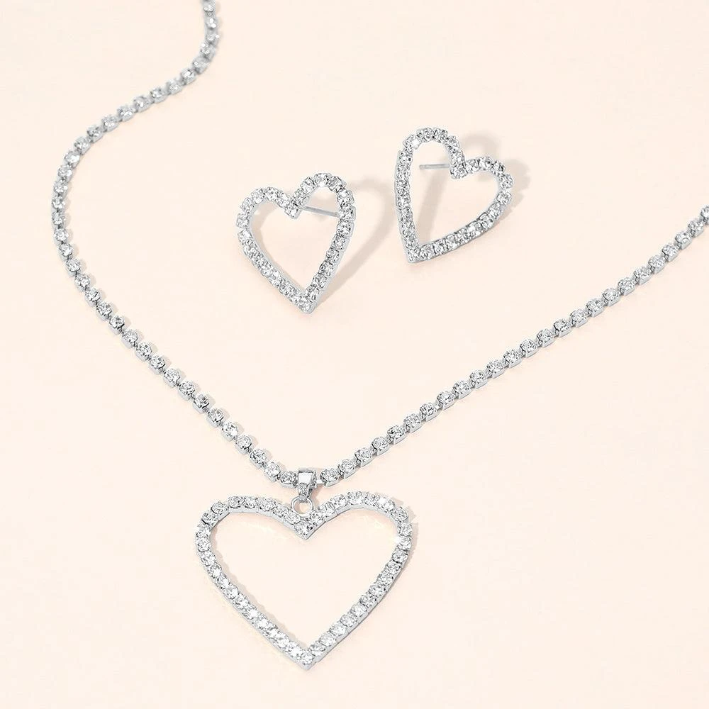 FASHNZFAB Silver Dipped Rhinestone Pave Open Heart Pendant Necklace
