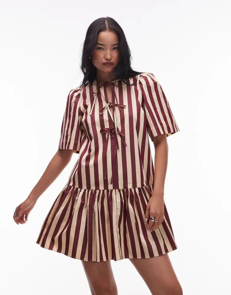 & Other Stories & Other Stories mini dress with drop waist and tie front in stripes 3