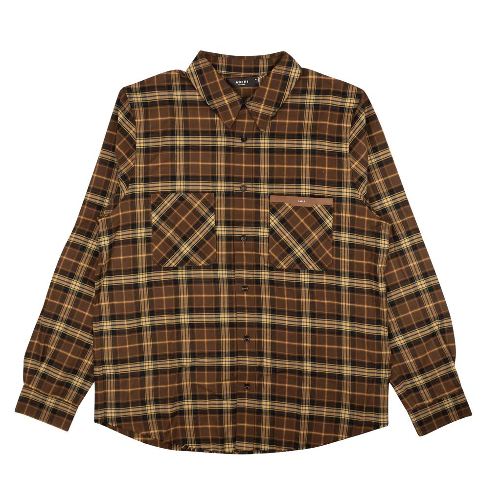 Amiri Brown Leather Logo Flannel Button Down Shirt