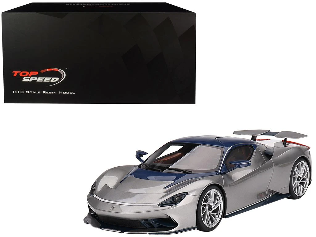 Top Speed 2019 Automobili Pininfarina Battista Argento Liquido Silver Metallic with Blu del Re Blue Top "US Launch Edition" 1/18 Model Car by 4