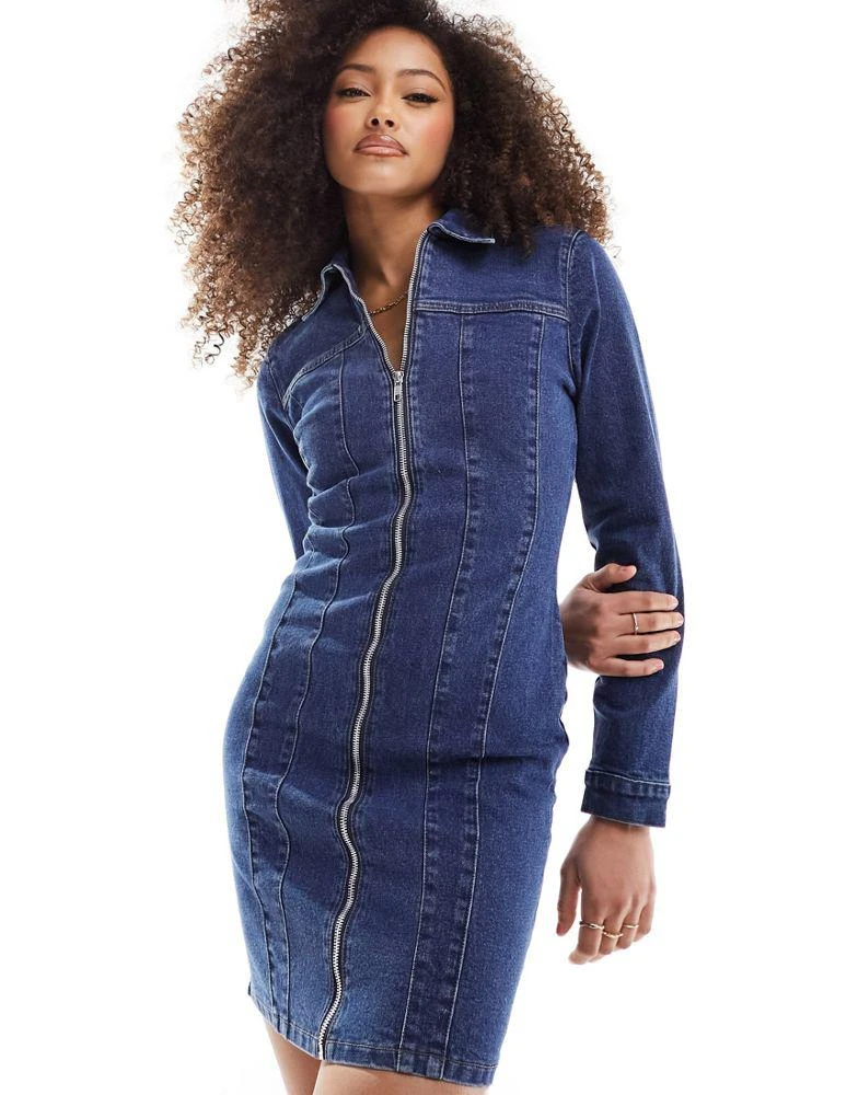 Urban Bliss Urban Bliss seam detail long sleeve denim mini dress in mid wash blue 1