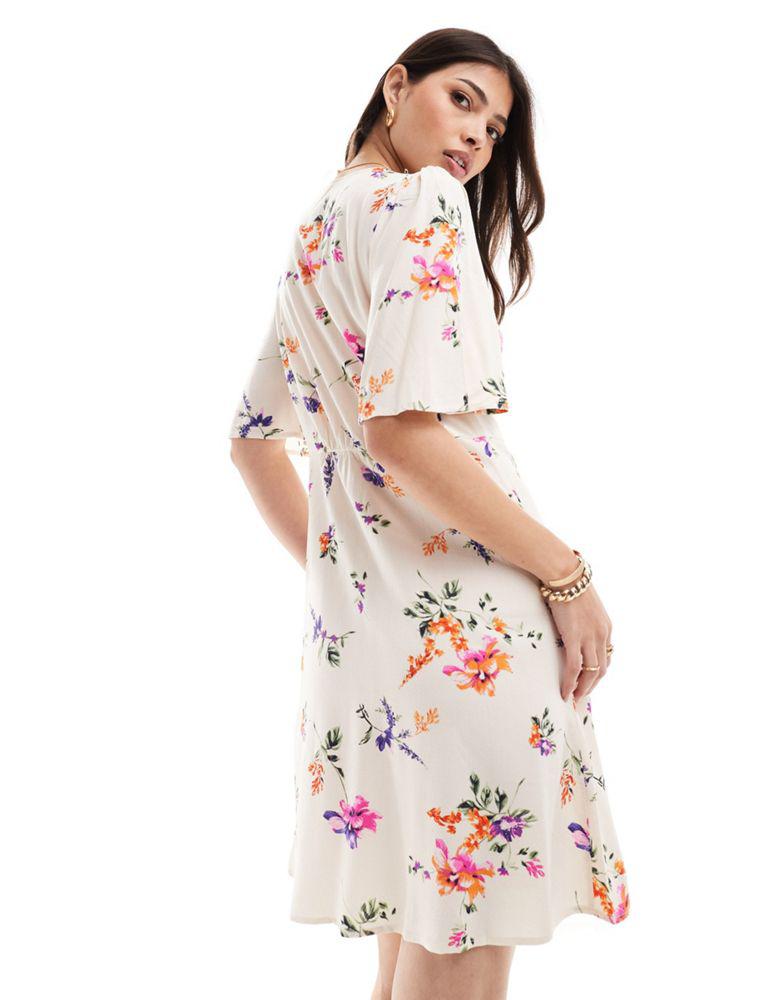 Y.A.S. YAS flutter sleeve shirt mini dress in cream floral  - MULTI