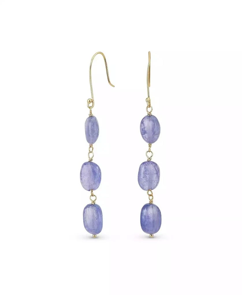 Bling Jewelry Long Linear Yellow 14K Gold Three Oval Natural Garnet Turquoise Tanzanite Dangling Earrings Fish Hook