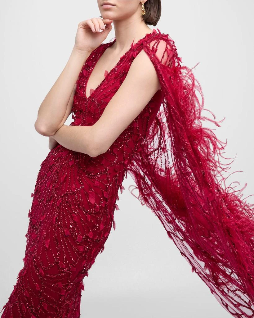 Pamella Roland Raspberry Sequined Feather-Trim Cape Column Gown 8