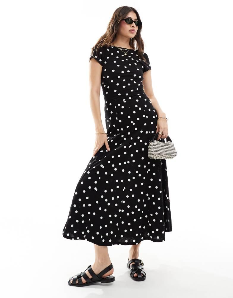 ASOS ASOS DESIGN short sleeve low back maxi dress in mono polka dot
