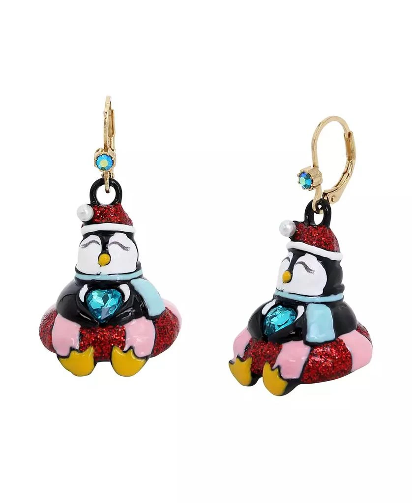 Betsey Johnson Faux Stone Jingle Bell Bling Christmas Penguin Drop Earrings 1