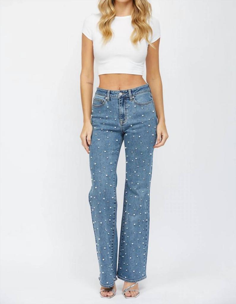 mica denim Mica Denim - High Rise Wide Leg Jeans With Pearl Embellishment