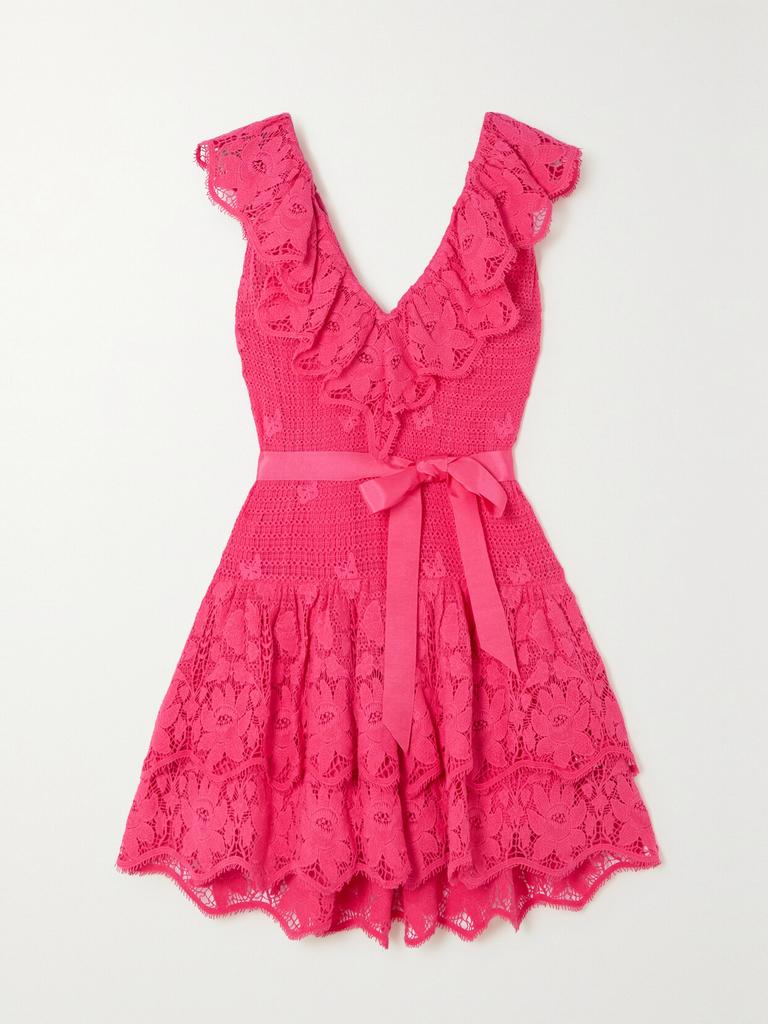 MIGUELINA Coco 配腰带荷叶边钩编纯棉迷你连衣裙