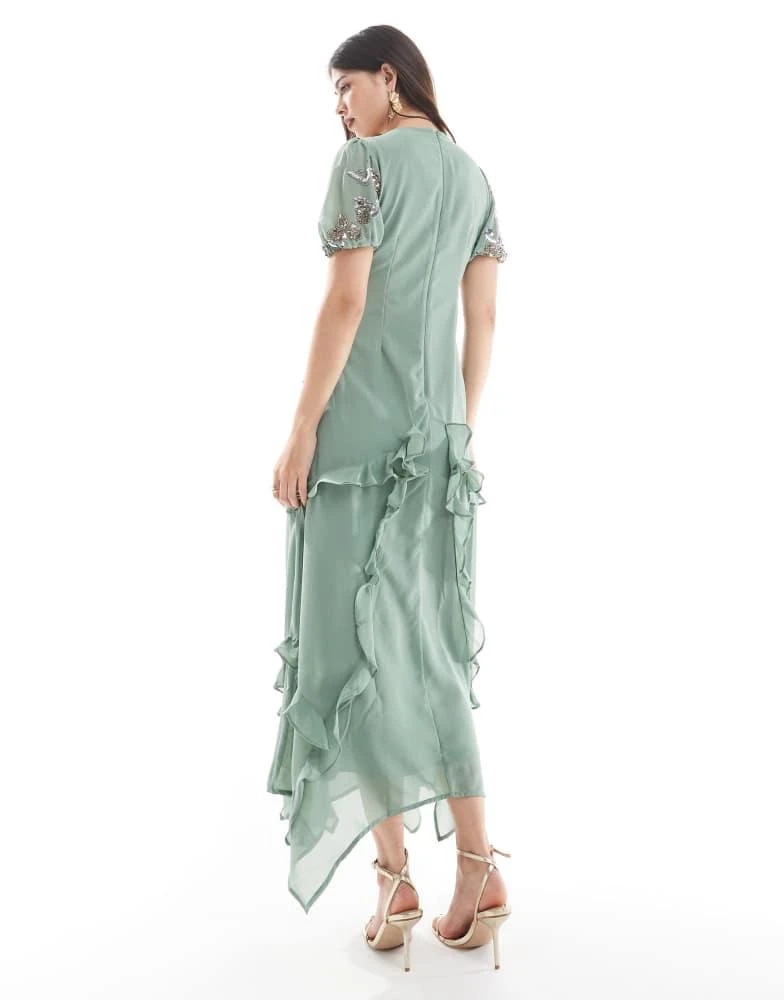 Maya Maya Embellished twist bodice asymmetric hem midi dress in dark sage 3