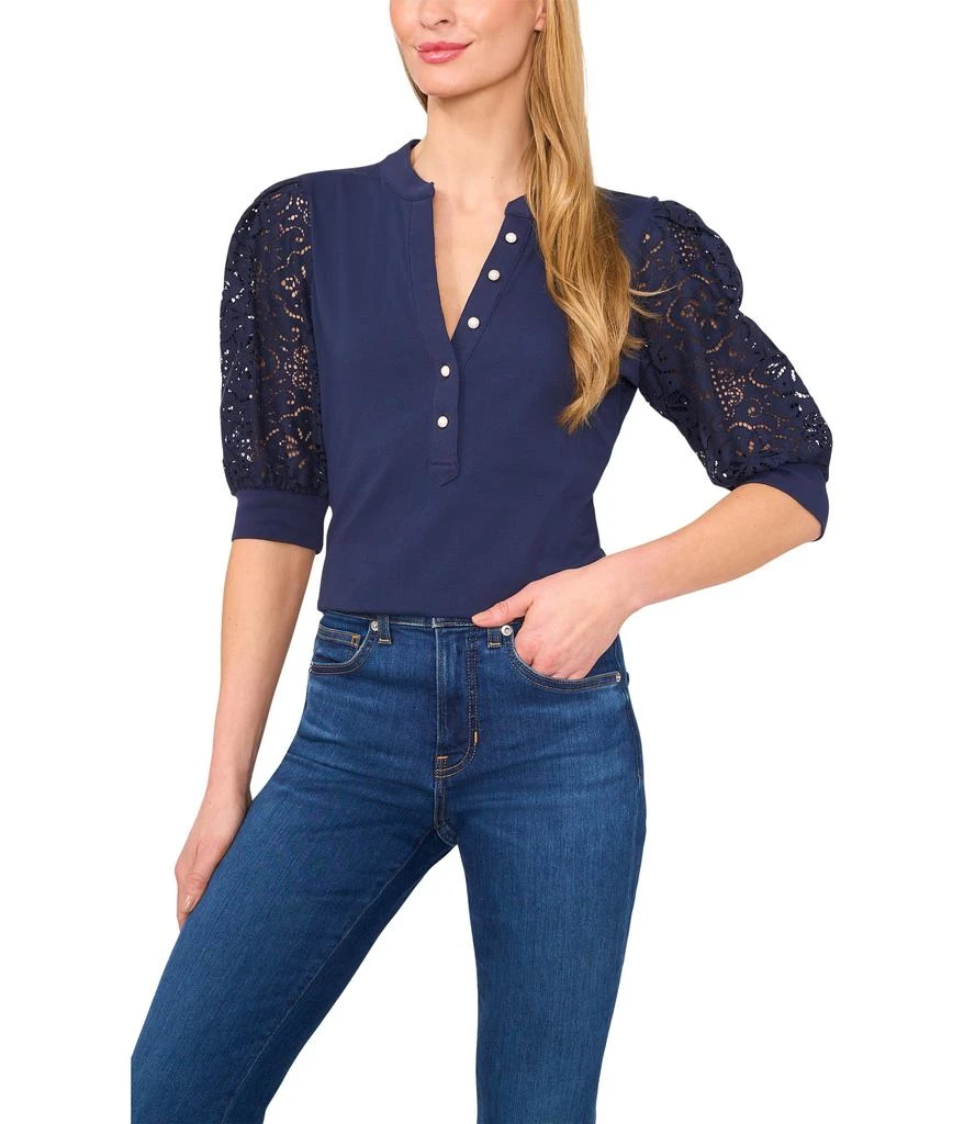 CeCe Elbow Puff Sleeve Henley Mixed Media Tee 1