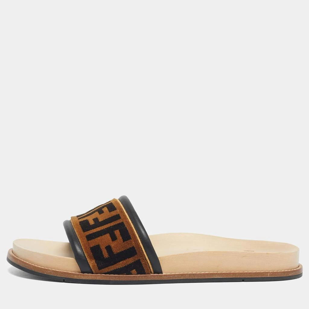 Shop Fendi Brown Velvet Zucca Flat Slide Size 45 on Sale at  display picture 1
