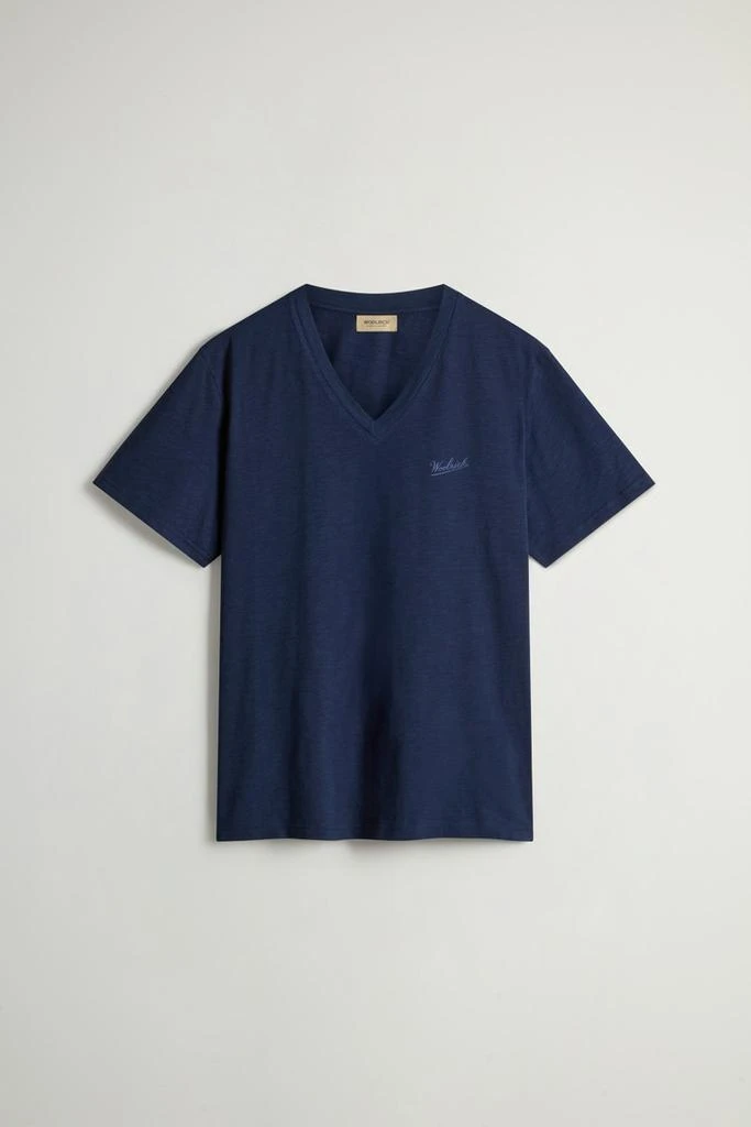 Woolrich Pure Cotton Slub T-Shirt with V-Neck - Men - Blue 5