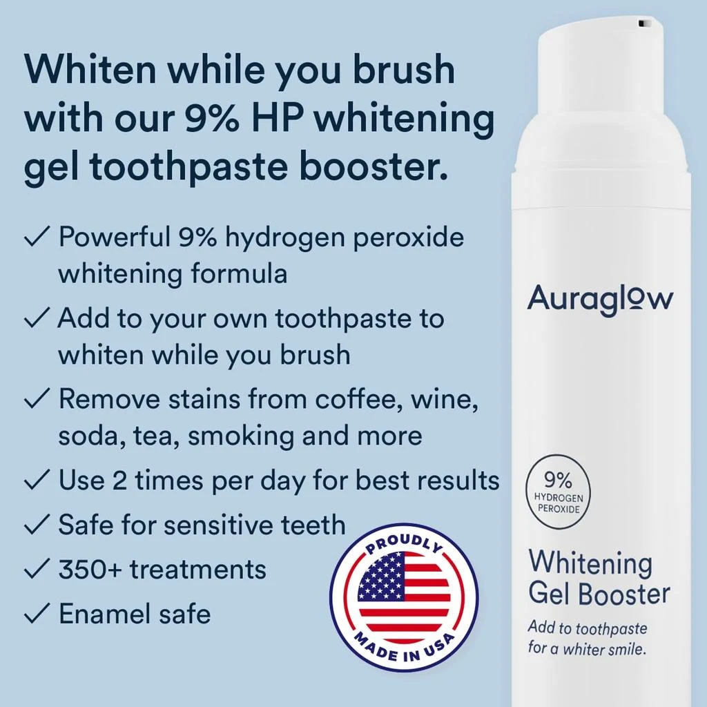 AuraGlow Auraglow Whitening Toothpaste Booster, Add to Toothpaste to Whiten, 9% Hydrogen Peroxide Teeth Whitening Gel Toothpaste, 350+ Whitening Treatments, 6-Month Supply, 2.6oz 3