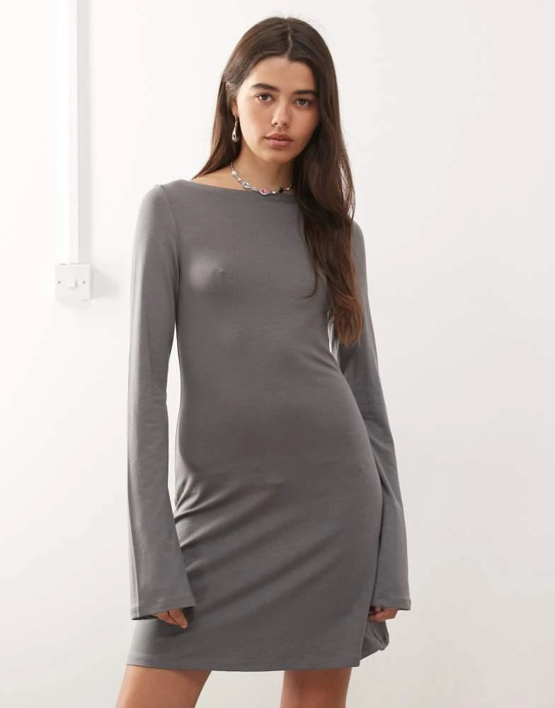 Weekday Weekday boat neck long sleeve mini dress in dark grey exclusive to ASOS
