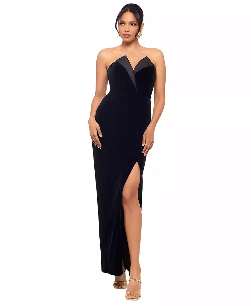 Betsy & Adam Women's Velvet Tuxedo Strapless Gown 1