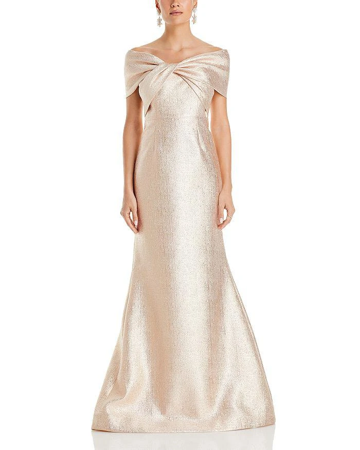 Teri Jon Metallic Jacquard Twist Bodice Off-the-Shoulder Gown 6
