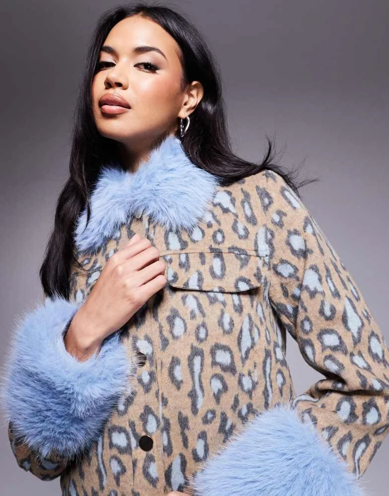 River Island River Island wool look jacket with faux fur detail in leopard print 4