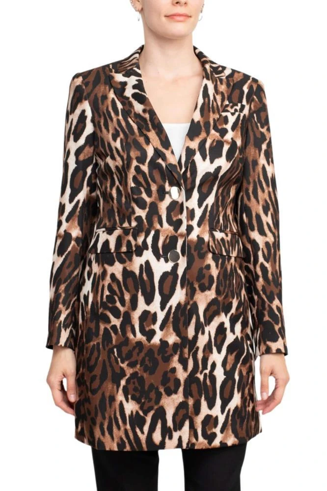 TRUEDAMES Notched Collar Long Sleeve Long Jacket Leopard Print Two Button Pockets Zipper Closure Pants Stretch Crepe Pant Set 2