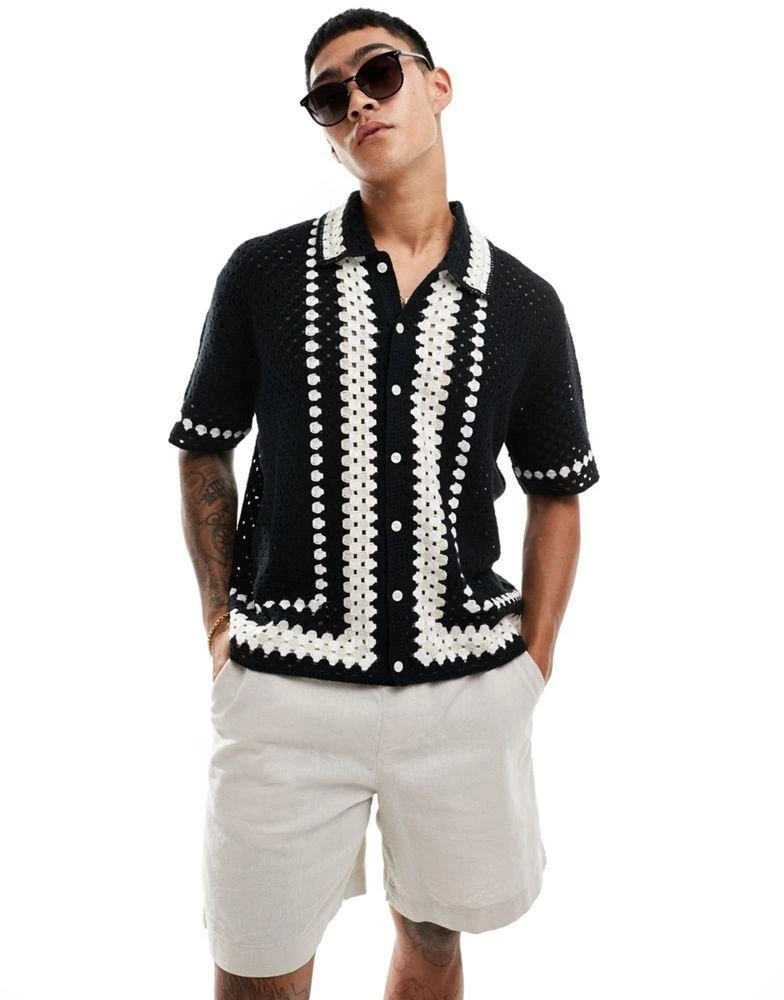 Abercrombie & Fitch Abercrombie & Fitch buttonthrough border stripe crochet knit polo in black 1