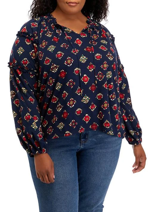 Wonderly Plus Size Ruffle Sleeve Printed Peasant Top 1