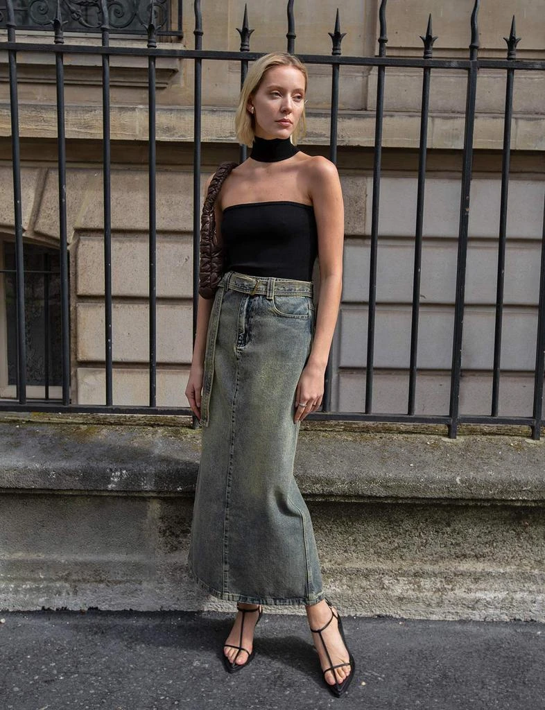 Pixie Market Dirty Denim Belted Maxi Skirt 4