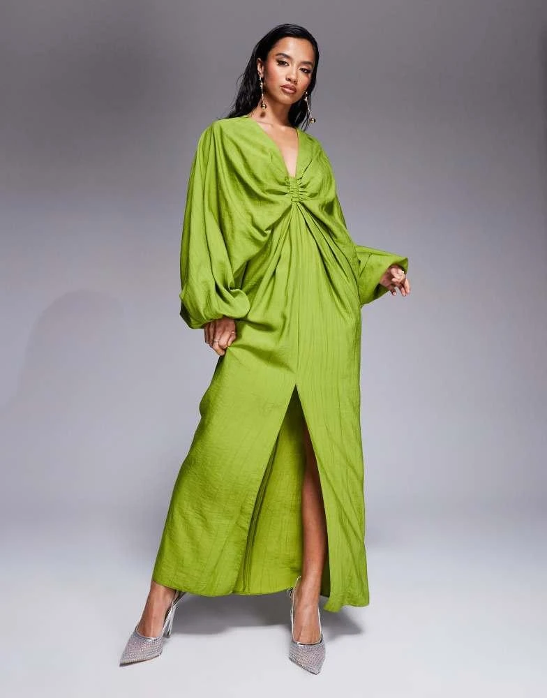 ASOS ASOS DESIGN Petite plunge elasticated maxi dress with blouson sleeve in lime green 1