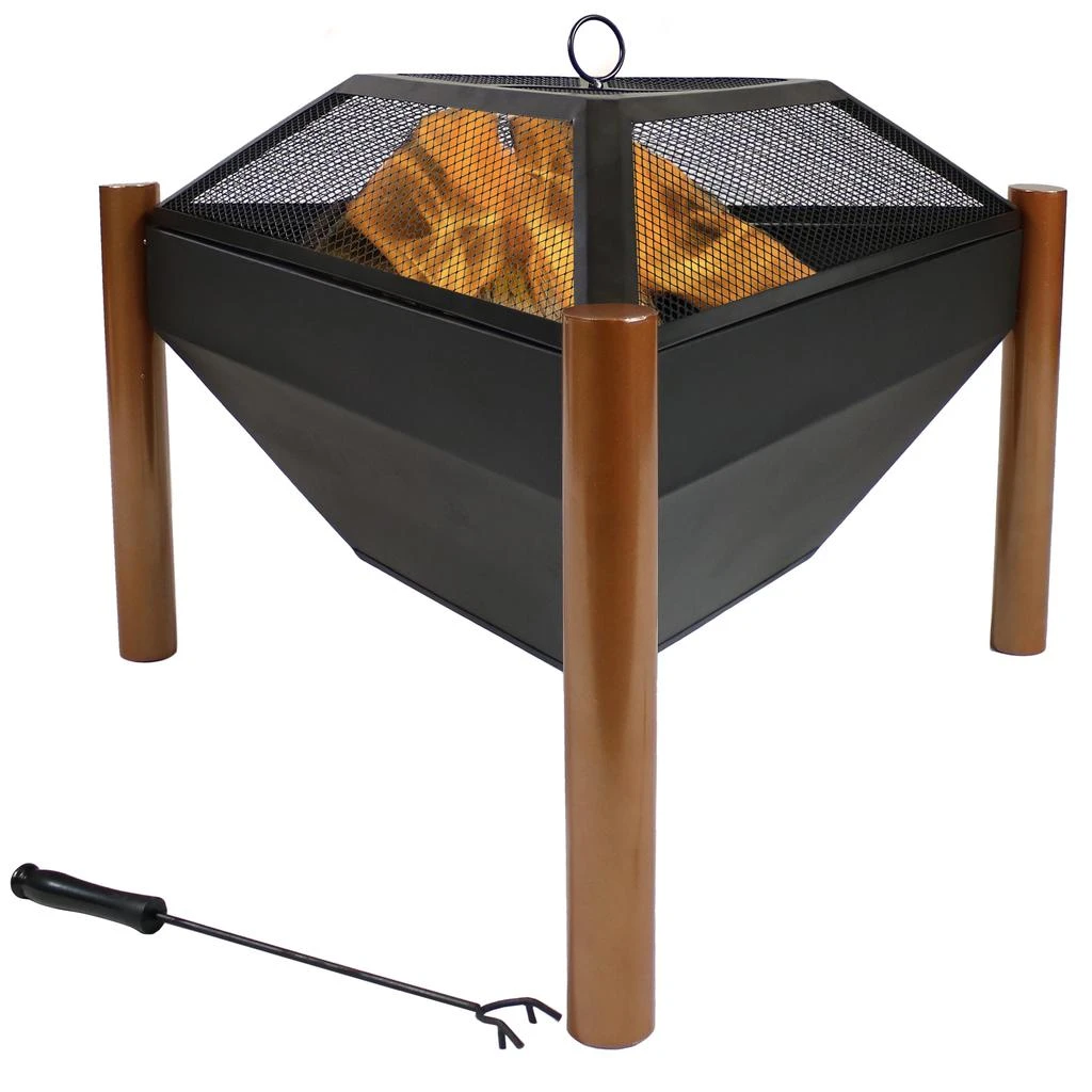 Sunnydaze Outdoor Camping or Backyard Steel Triangle Fire Pit with Wood Grate, Log Poker, and Spark Screen - 31" - Copper Finish 6