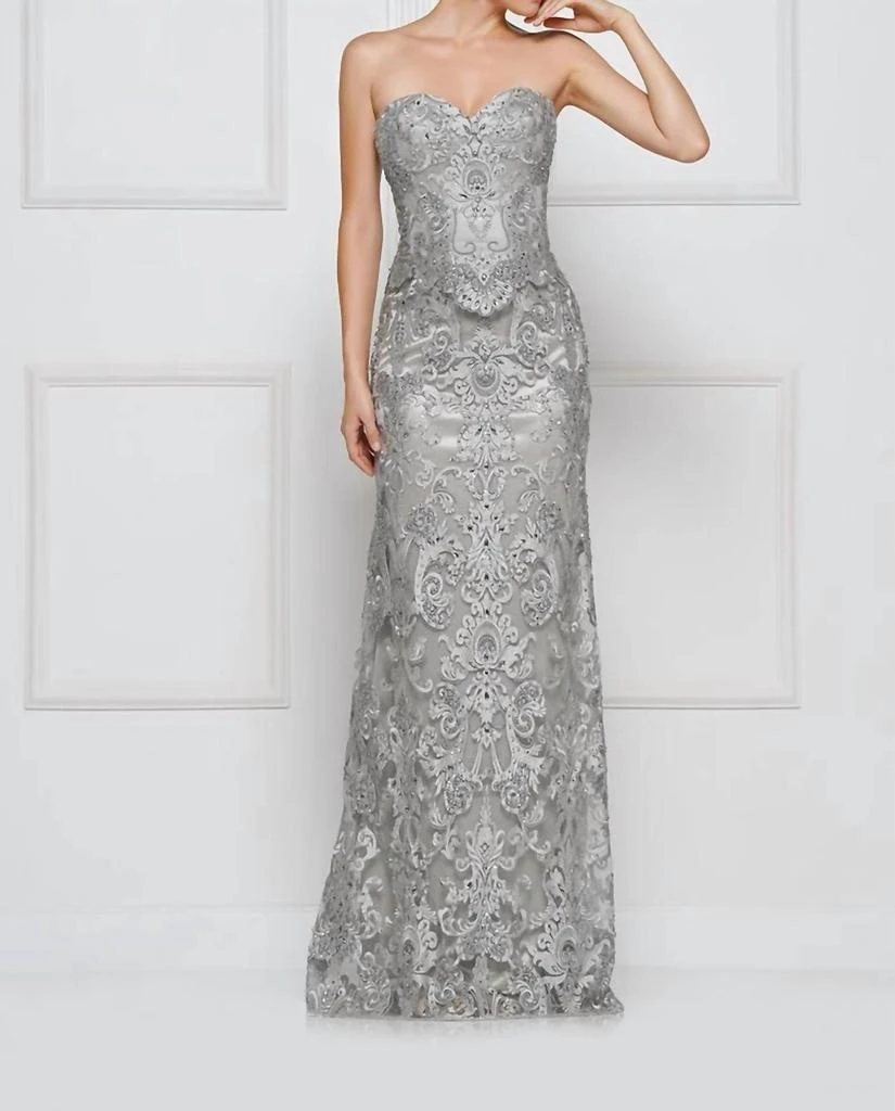 Lace Embroidered Evening Gown With Shawl In Platinum  On Sale Now with Up  to 25% Off | Discover Exclusive Deals & Savings at BeyondStyle  Authentic  Rina Di Montella women|clothing|dresses with