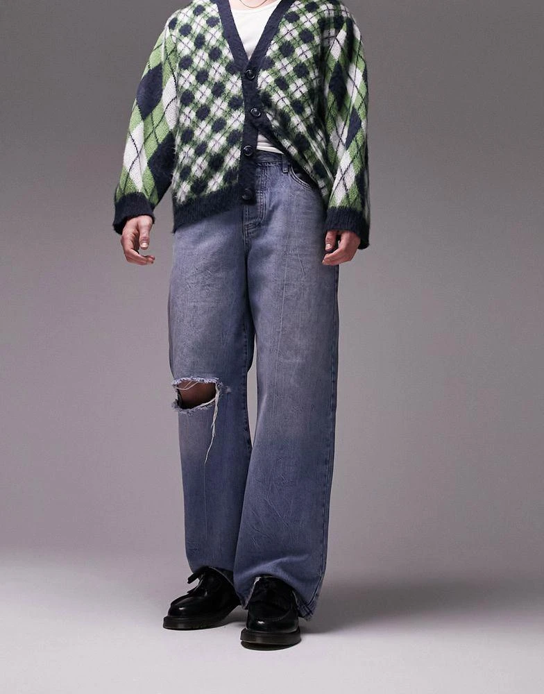 Topman Topman baggy ripped jeans in mid wash blue 2