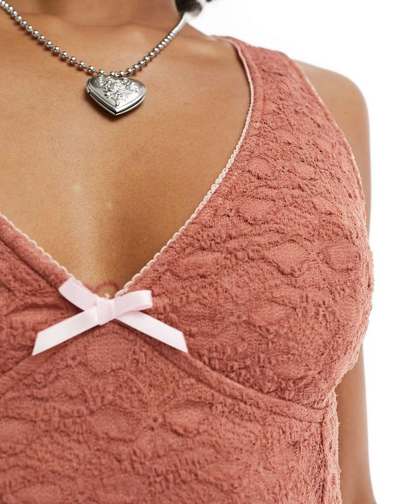 Motel Motel bow detail v-neck lace mini dress in red rose 2