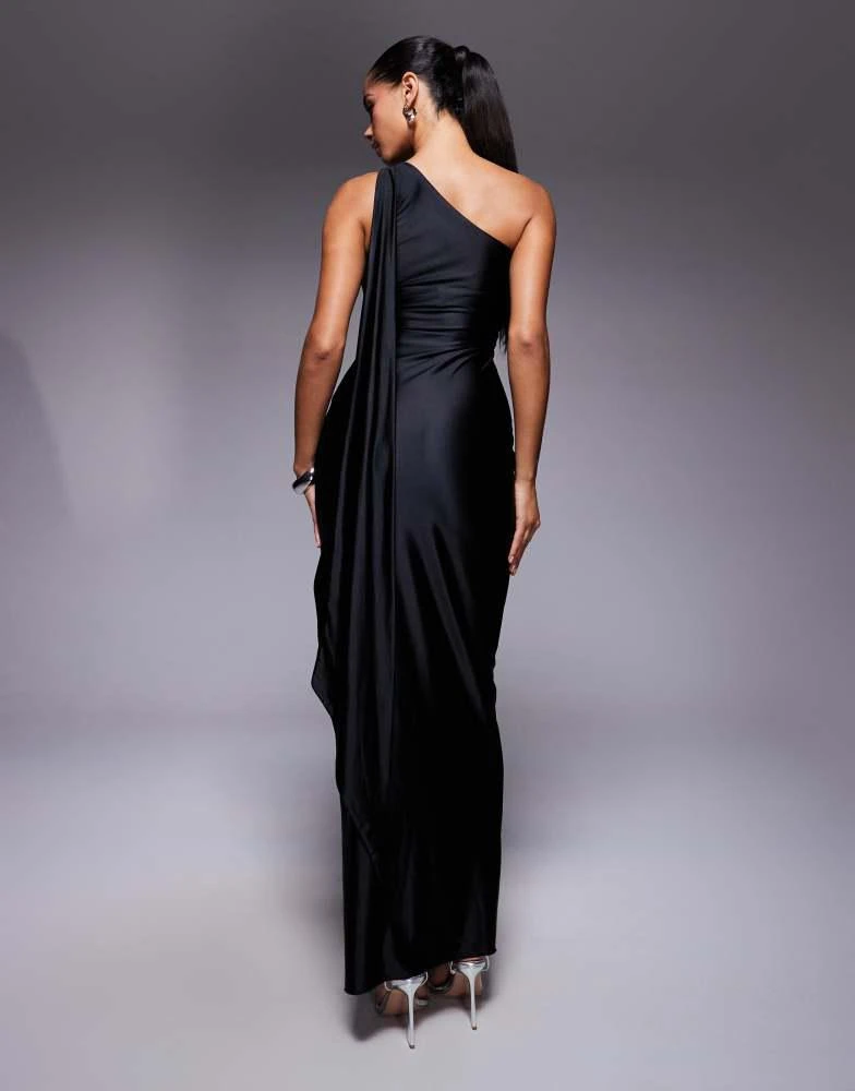 knee length dresses for ladies Charly Black Matte Satin Bandeau Maxi Dress With Scarf-Detail – Club L  London main image 1